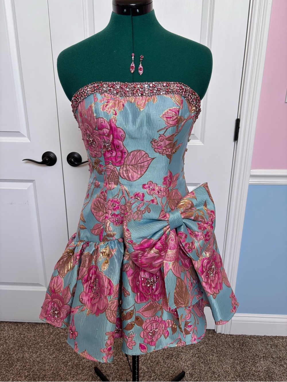 Strapless Floral Homecoming Dress in Blue and Pink with Side Bow.